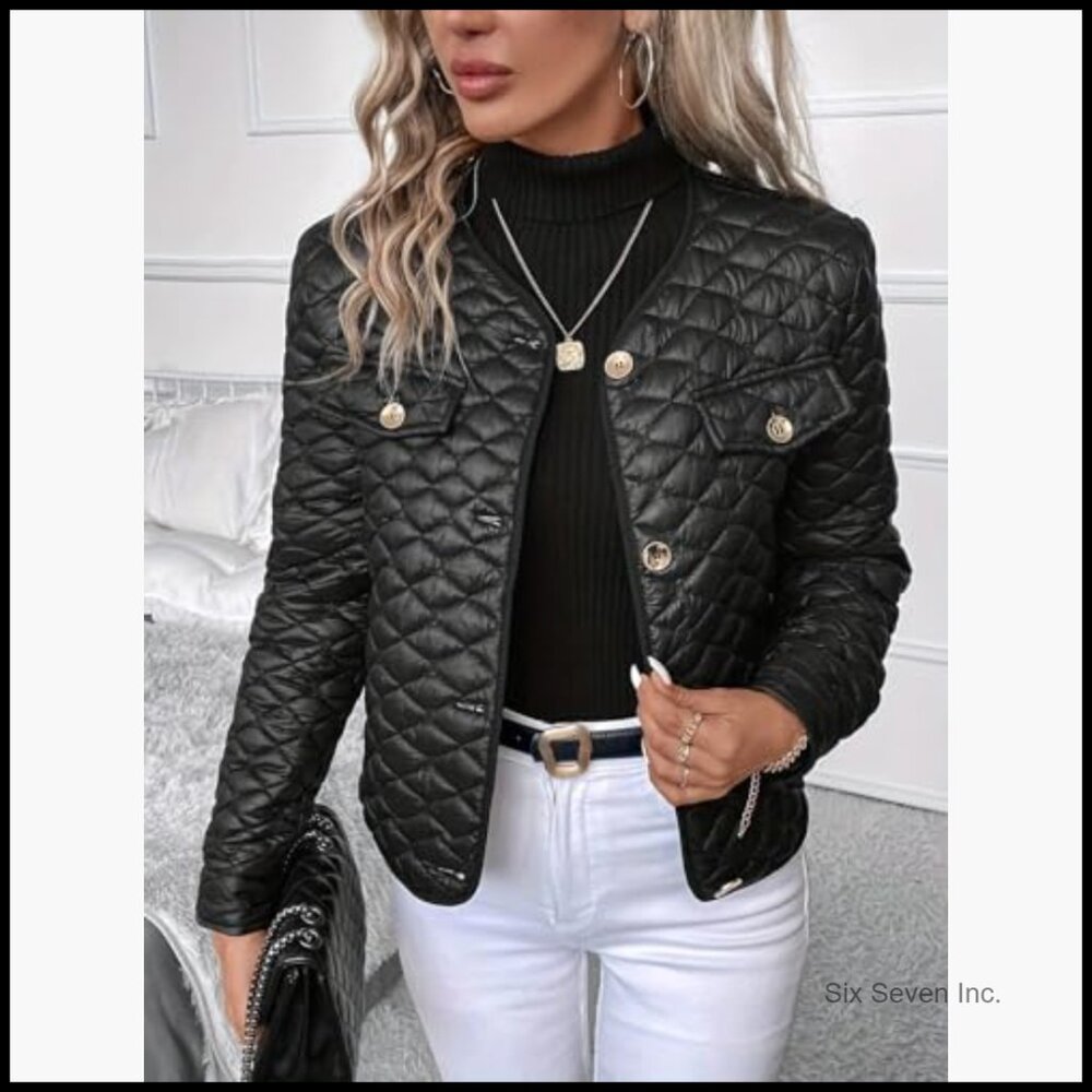 Quilted Polyester Cropped Jacket with Button Clos… - image 2